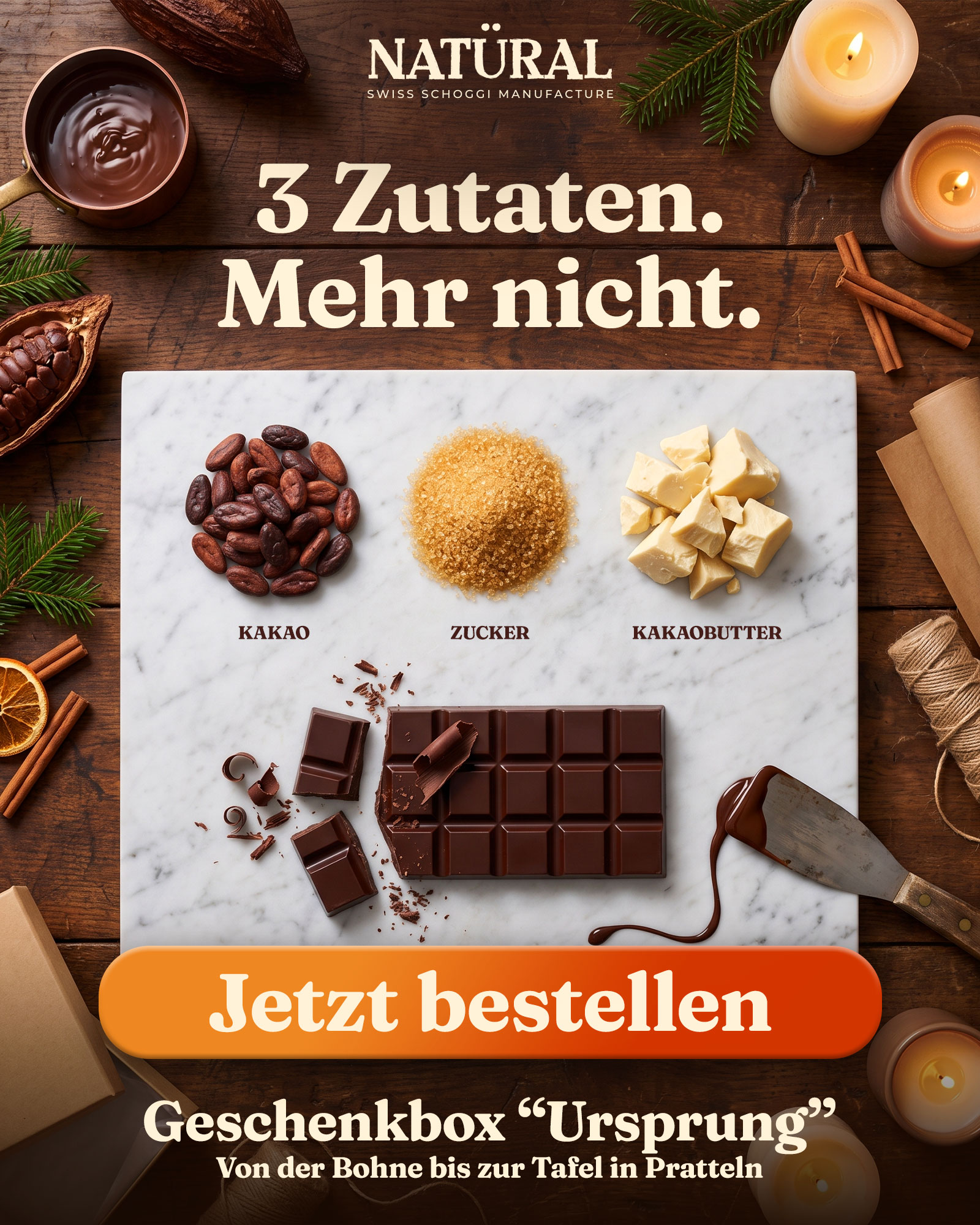 Static Ad Creative für Meta (Facebook/Instagram), Konzept für die fiktive Marke Natural, Branche Schoggi-Manufaktur