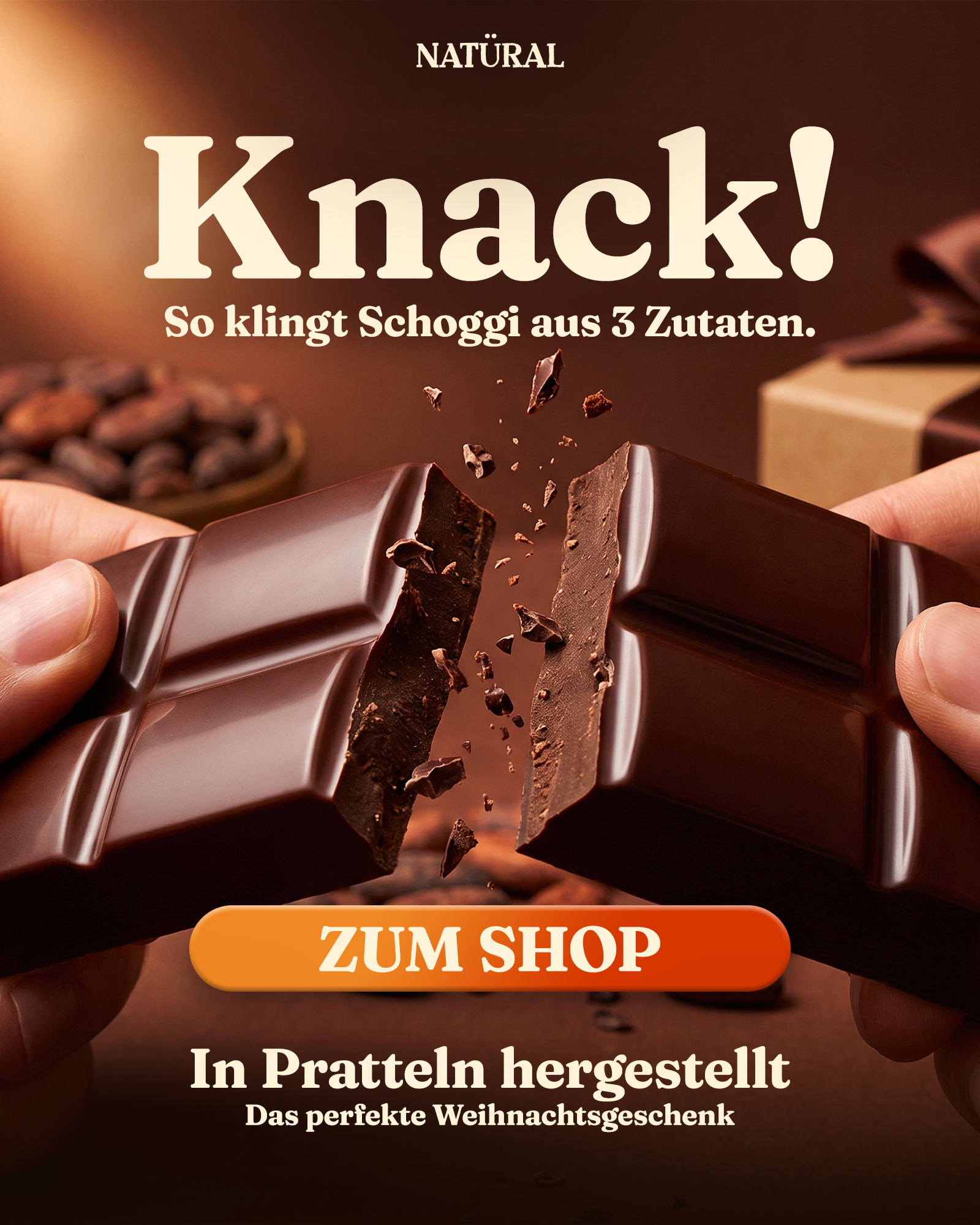Static Ad Creative für Meta (Facebook/Instagram), Konzept für die fiktive Marke Natural, Branche Schoggi-Manufaktur