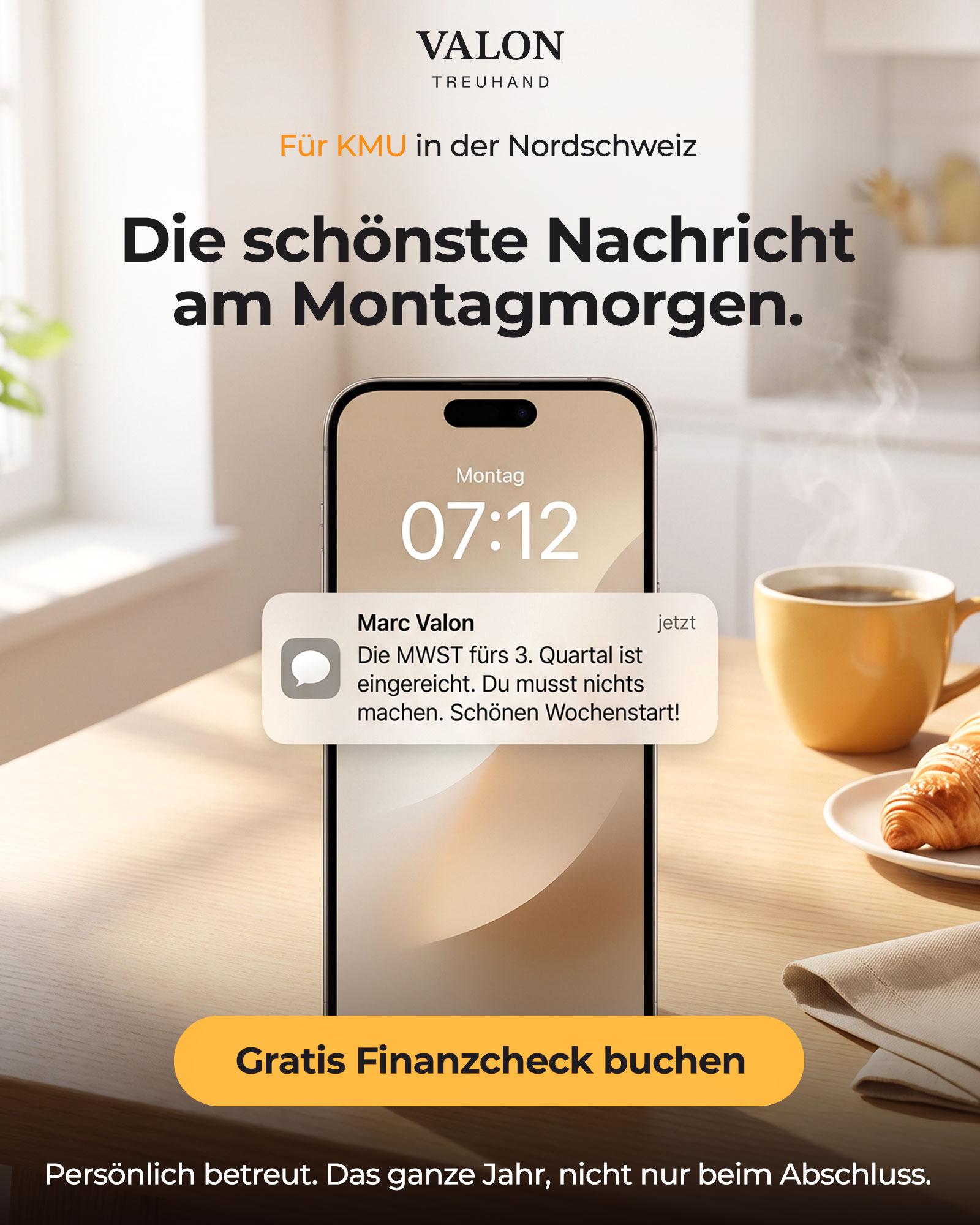 Static Ad Creative für Meta (Facebook/Instagram), Konzept für die fiktive Marke Valon, Branche Treuhänder